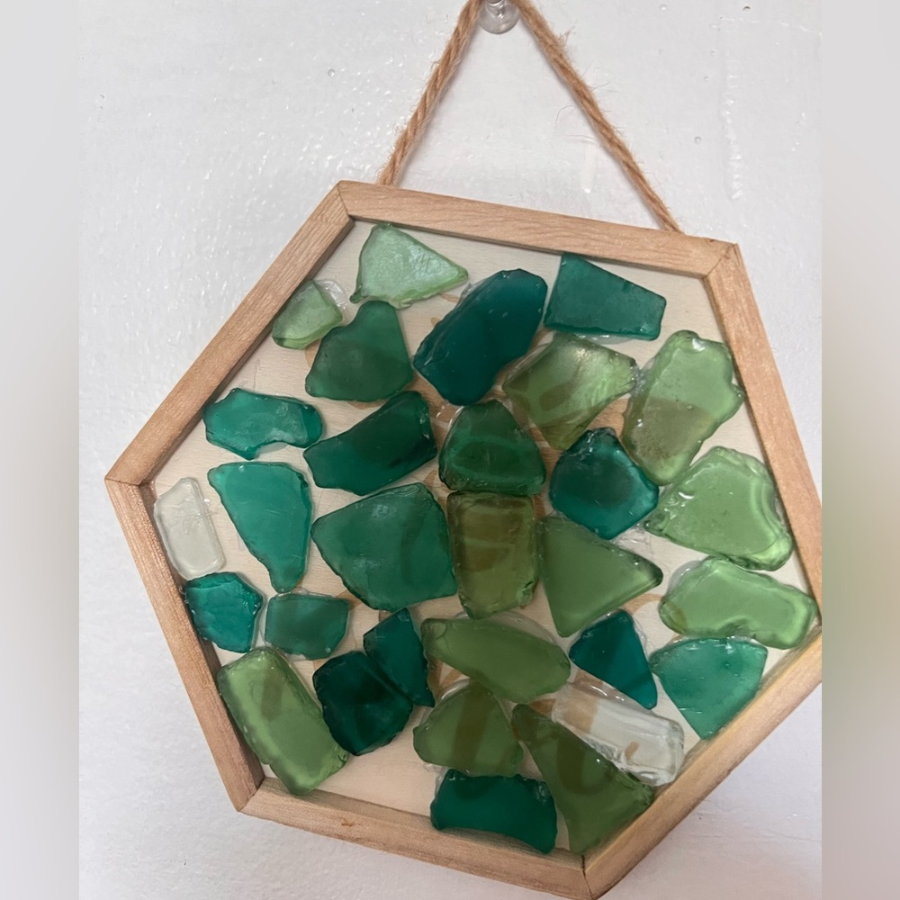 **For Sale: Handmade Green Sea Glass Wall Art – Hexagon Frame**